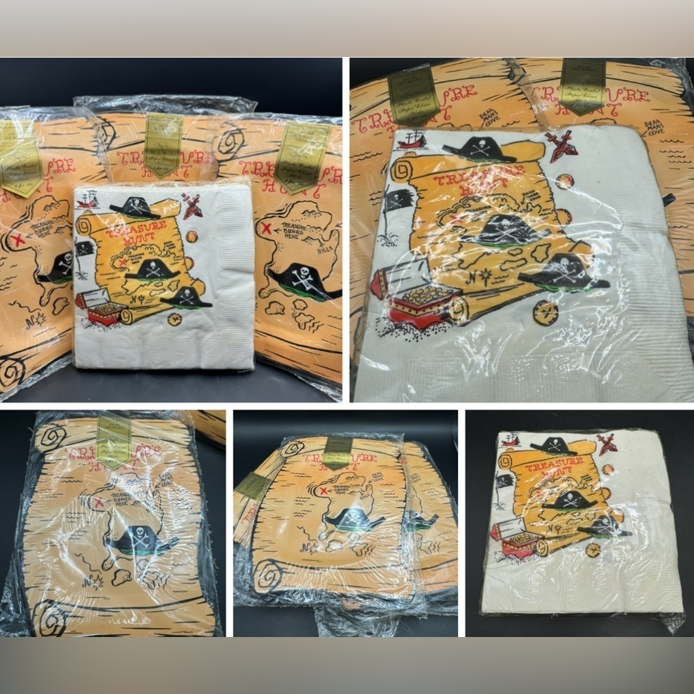 Vintage NOS Pirate Party Supplies Plastic Coated Paper Plates and Napkin Set